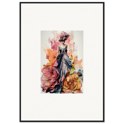 Watercolor artwork of an elegant figure in blue-gray dress with roses, Plumage Rises Floresschuld framed wall art