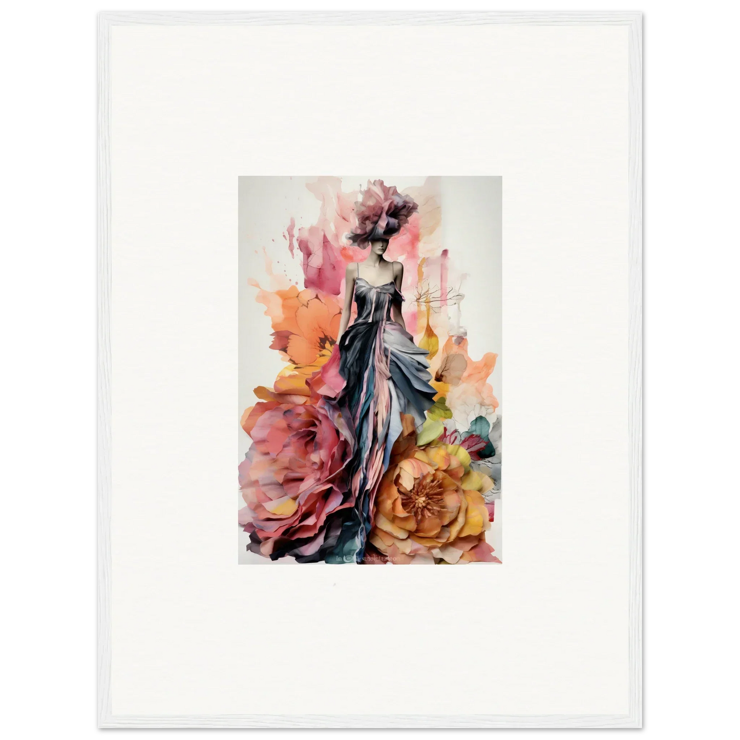 Elegant evening gown watercolor surrounded by roses - Plumage Rises Floresschuld art