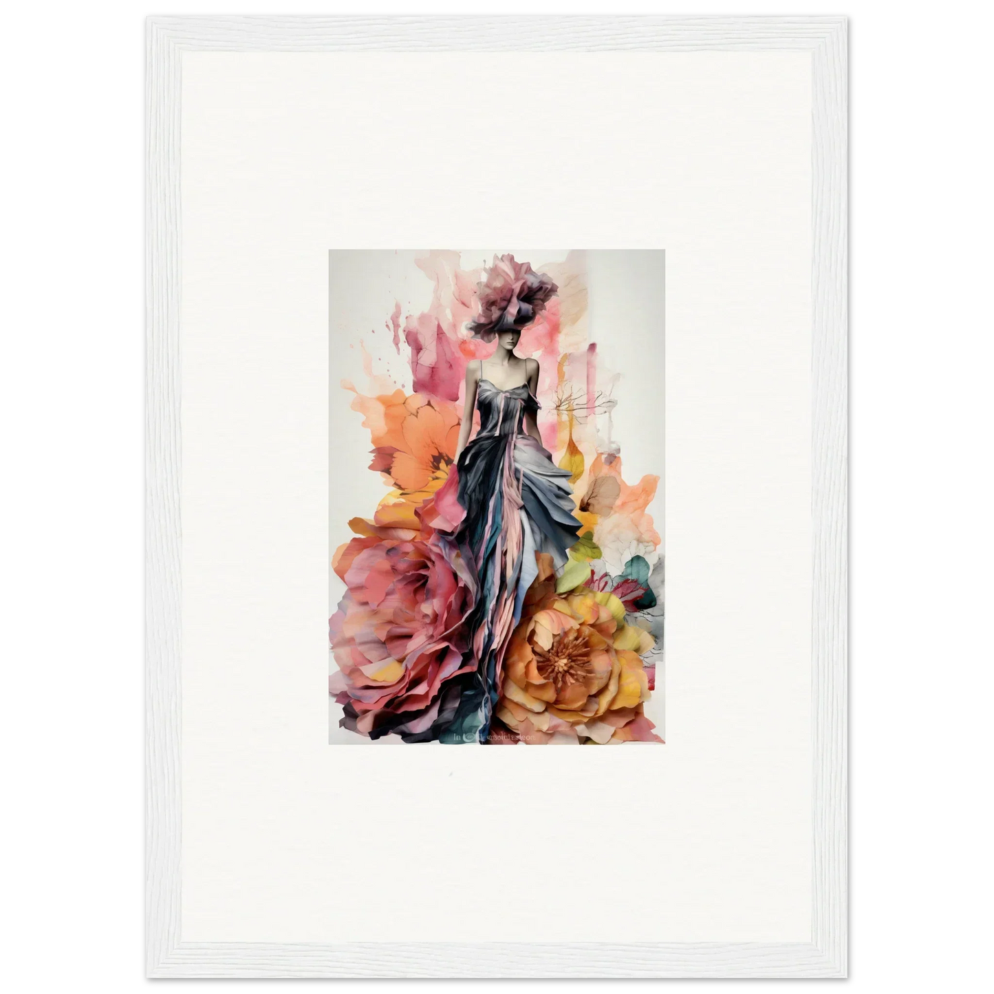 Watercolor fashion illustration of a black gown with roses from Plumage Rises Floresschuld