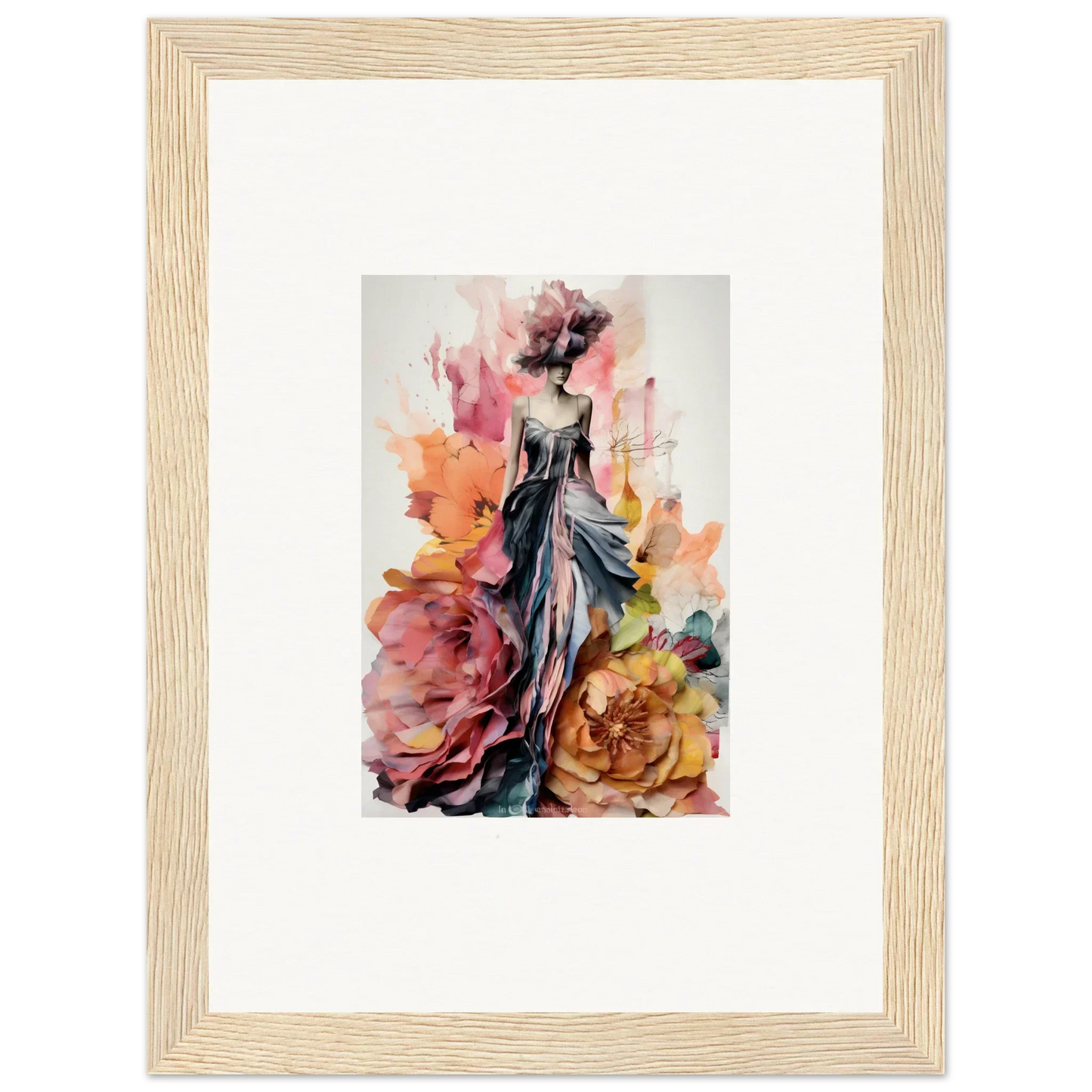 Elegant figure in a blue dress with pink and orange roses in Plumage Rises Floresschuld