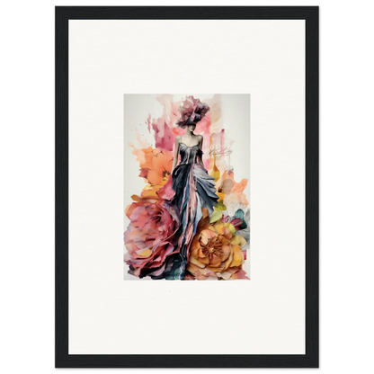 Watercolor fashion illustration of a figure in a blue gown with roses for Plumage Rises Floresschuld