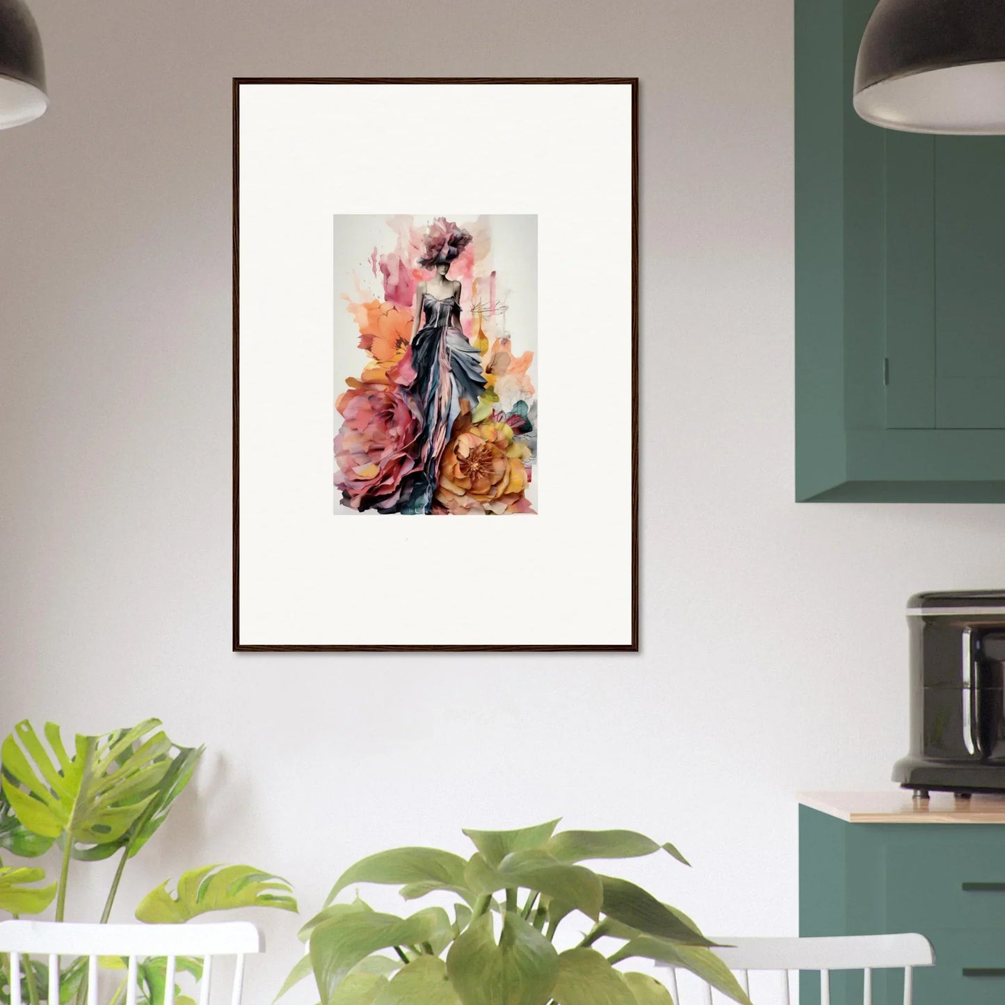 Framed wall art of Plumage Rises Floresschuld featuring a figure in a blue dress