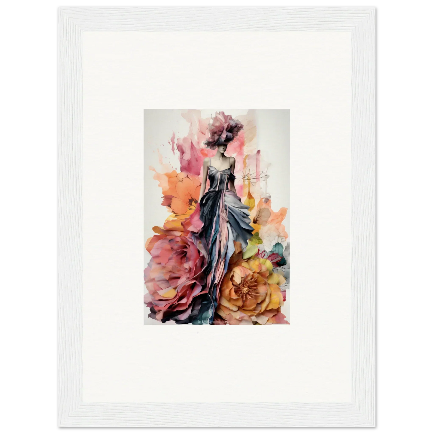 Elegant evening gown illustration with florals in pink and orange for Plumage Rises Floresschuld