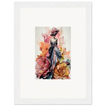 Elegant evening gown illustration with florals in pink and orange for Plumage Rises Floresschuld