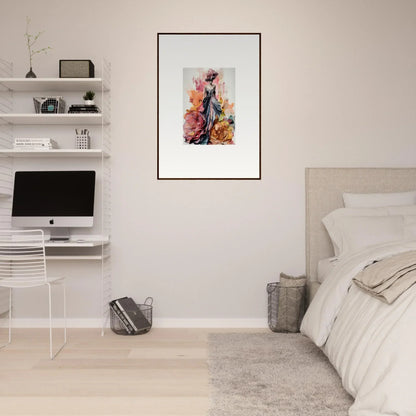 Minimalist bedroom with Plumage Rises Floresschuld, floating shelves, and framed wall art