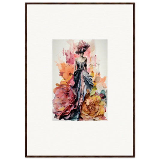 Watercolor painting of a figure in a dark dress with roses for Plumage Rises Floresschuld