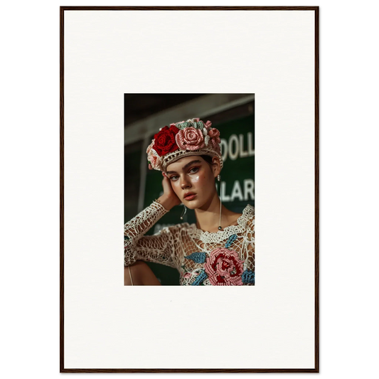 Framed photograph of a woman wearing an ornate floral headdress and embellished clothing.