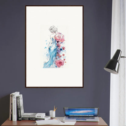 Framed watercolor of figure in blue with pink flowers for room decoration, Pollen Waltz