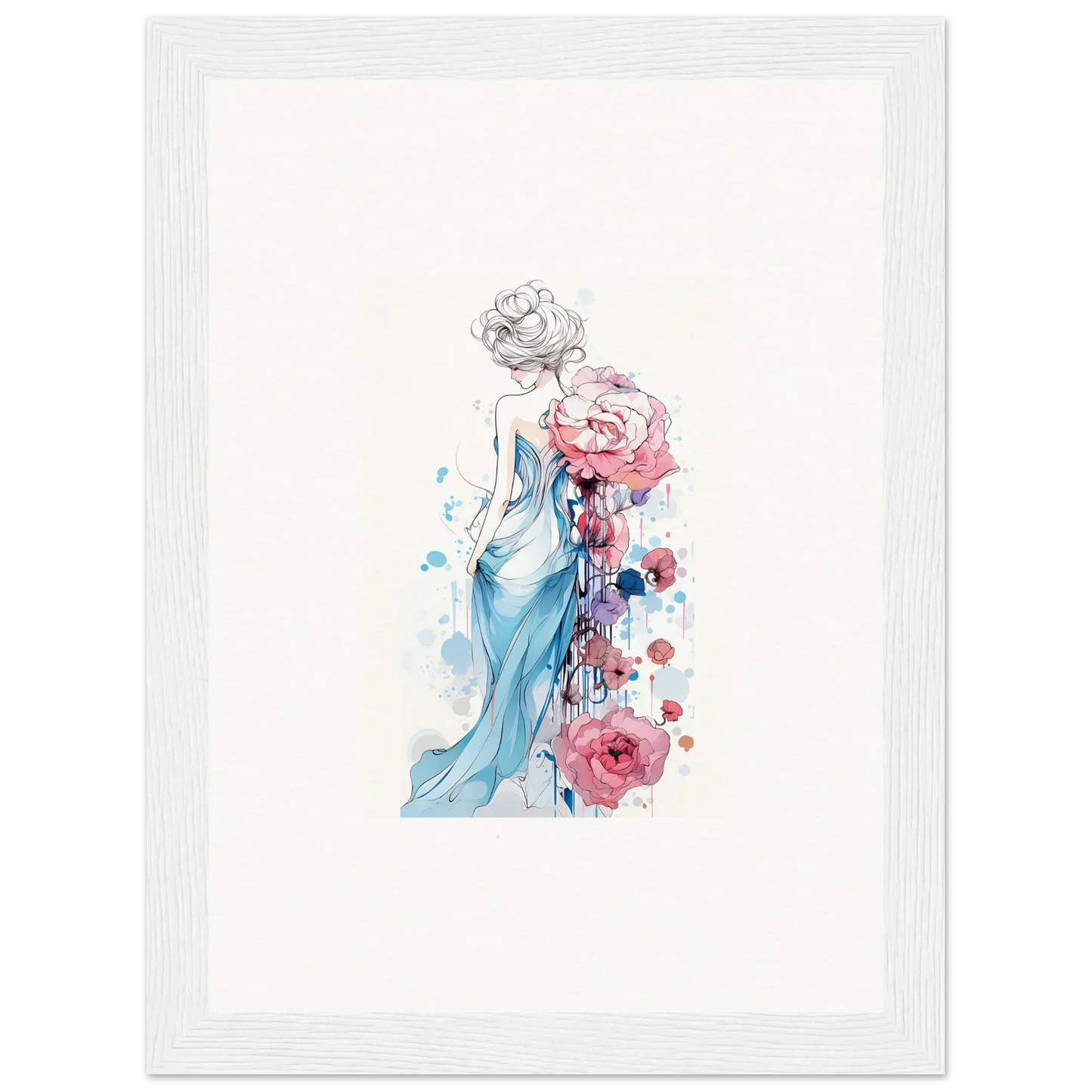 Watercolor woman in blue dress with pink roses, perfect for a Pollen Waltz canvas print