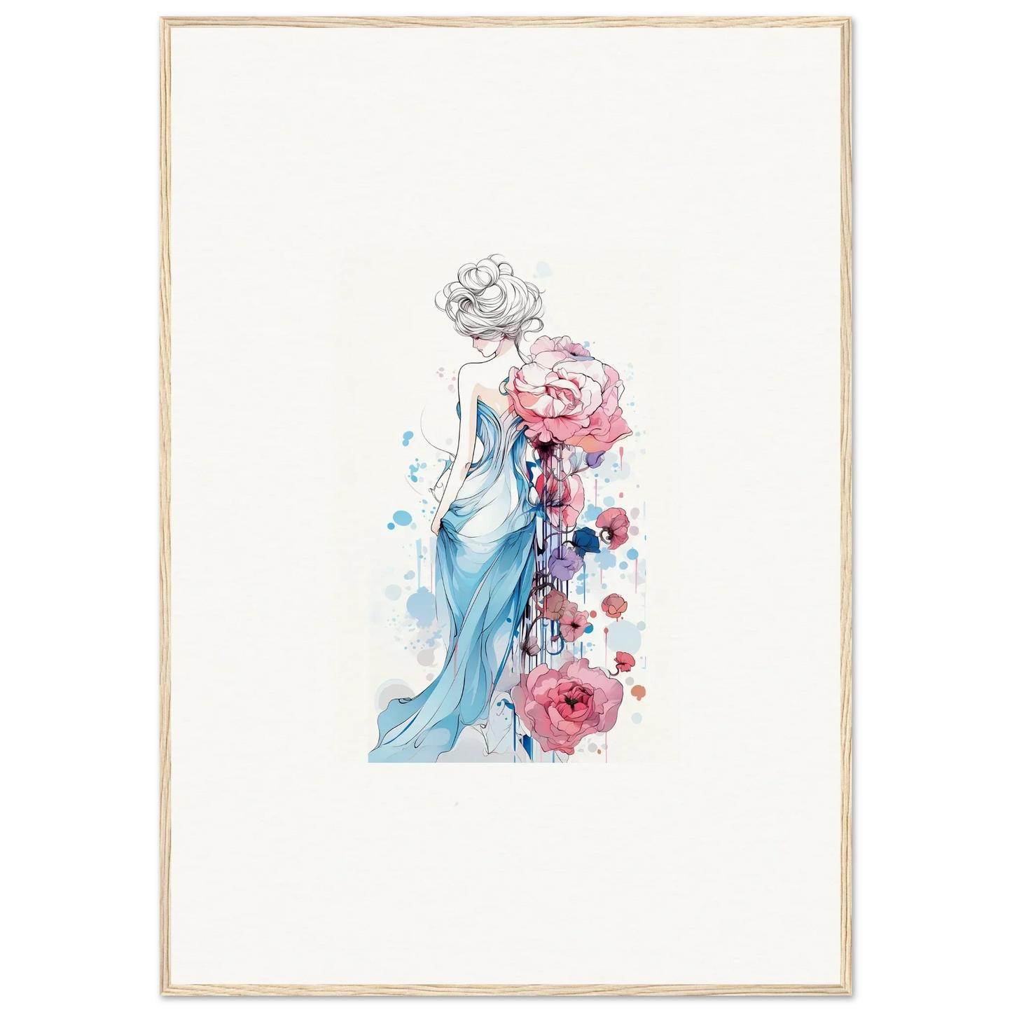 Watercolor woman in blue dress with roses for a stylish Pollen Waltz canvas print