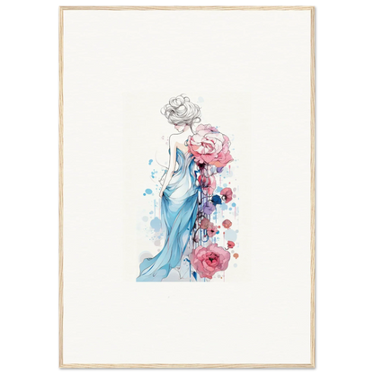 Watercolor woman in blue dress with roses for a stylish Pollen Waltz canvas print