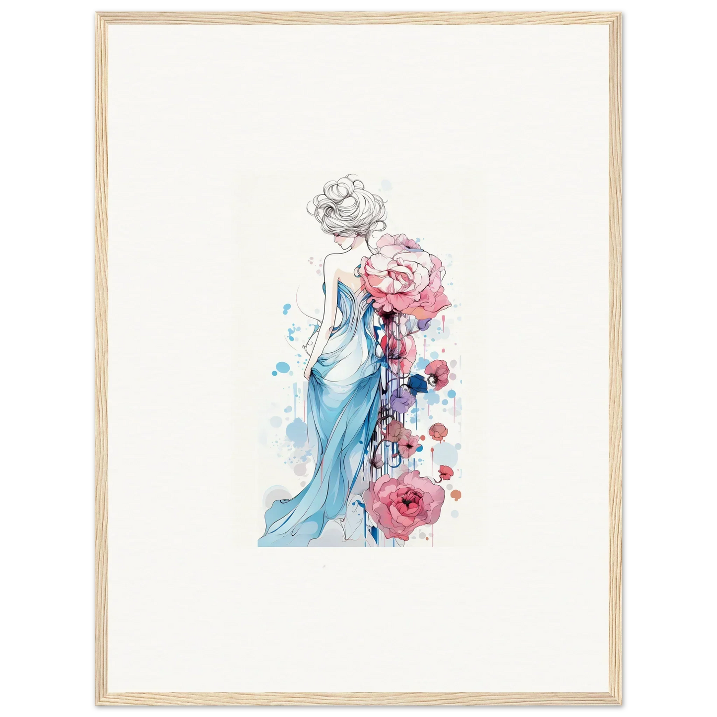 Watercolor of a woman in a blue dress, perfect for a Pollen Waltz canvas print