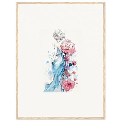 Watercolor of a woman in a blue dress, perfect for a Pollen Waltz canvas print