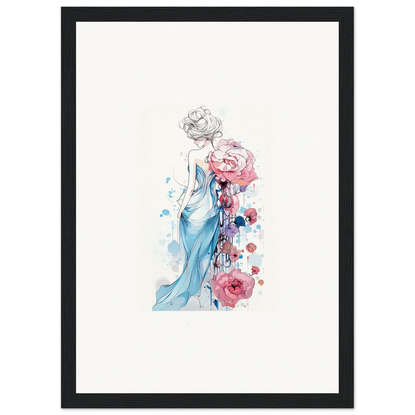 Elegant watercolor of a woman in blue dress with pink roses for a stunning pollen waltz canvas print