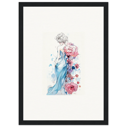 Elegant watercolor of a woman in blue dress with pink roses for a stunning pollen waltz canvas print