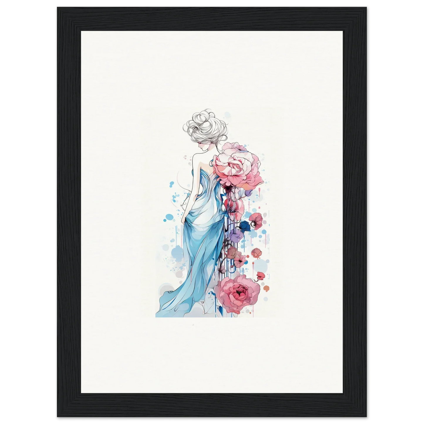 Delicate watercolor of a woman in blue dress with pink roses for a stunning Pollen Waltz canvas print