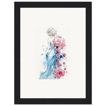 Delicate watercolor of a woman in blue dress with pink roses for a stunning Pollen Waltz canvas print