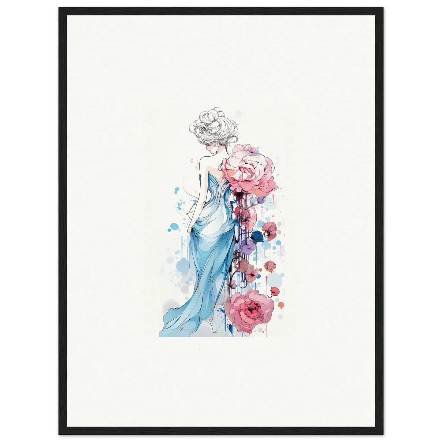 Watercolor illustration of a woman in a blue dress with pink roses for Pollen Waltz canvas print