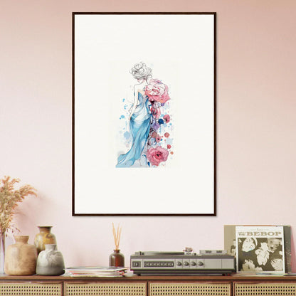 Framed watercolor of a feminine figure in blue dress, ideal for Pollen Waltz room decoration