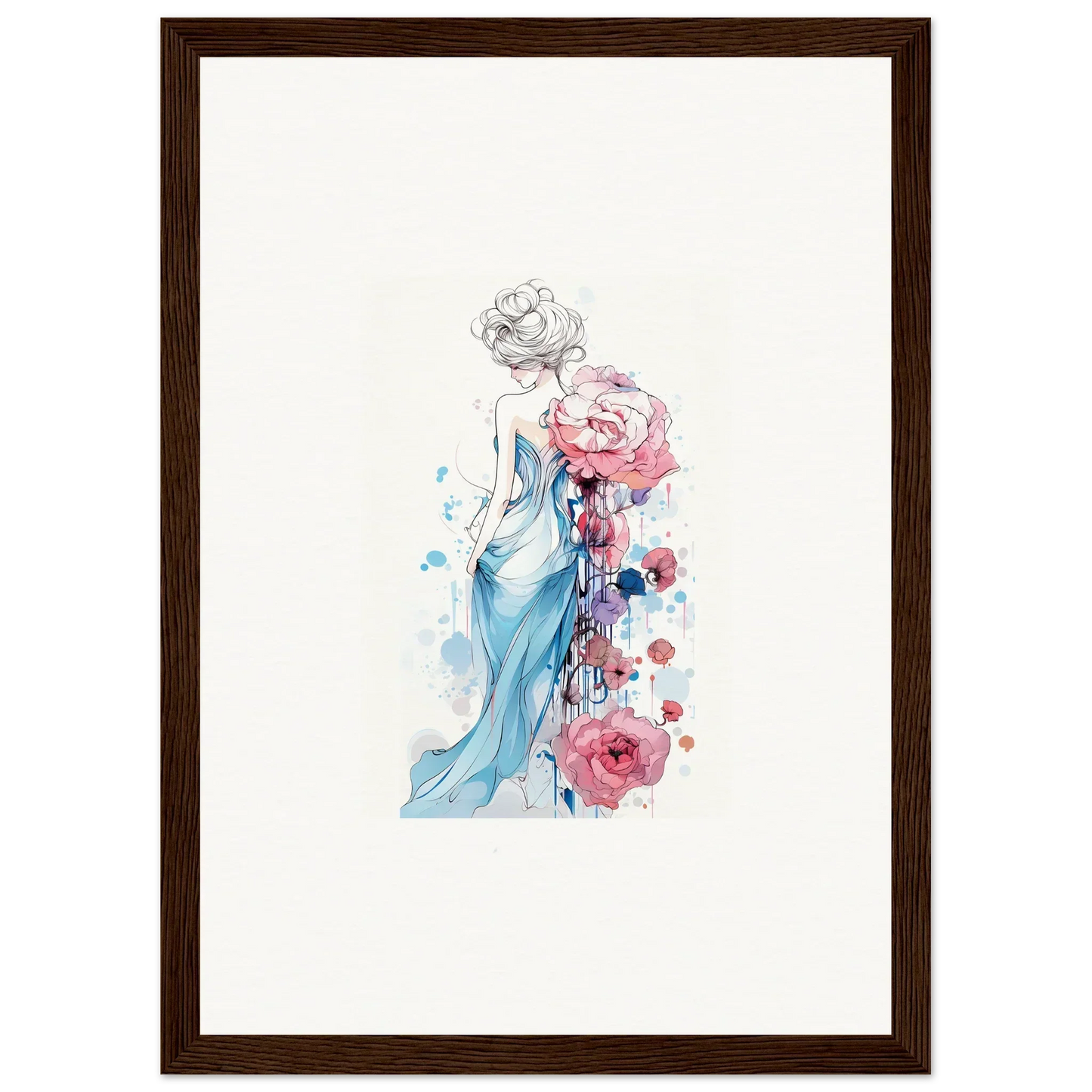 Watercolor canvas print of a woman in a blue dress with pink roses for room decoration