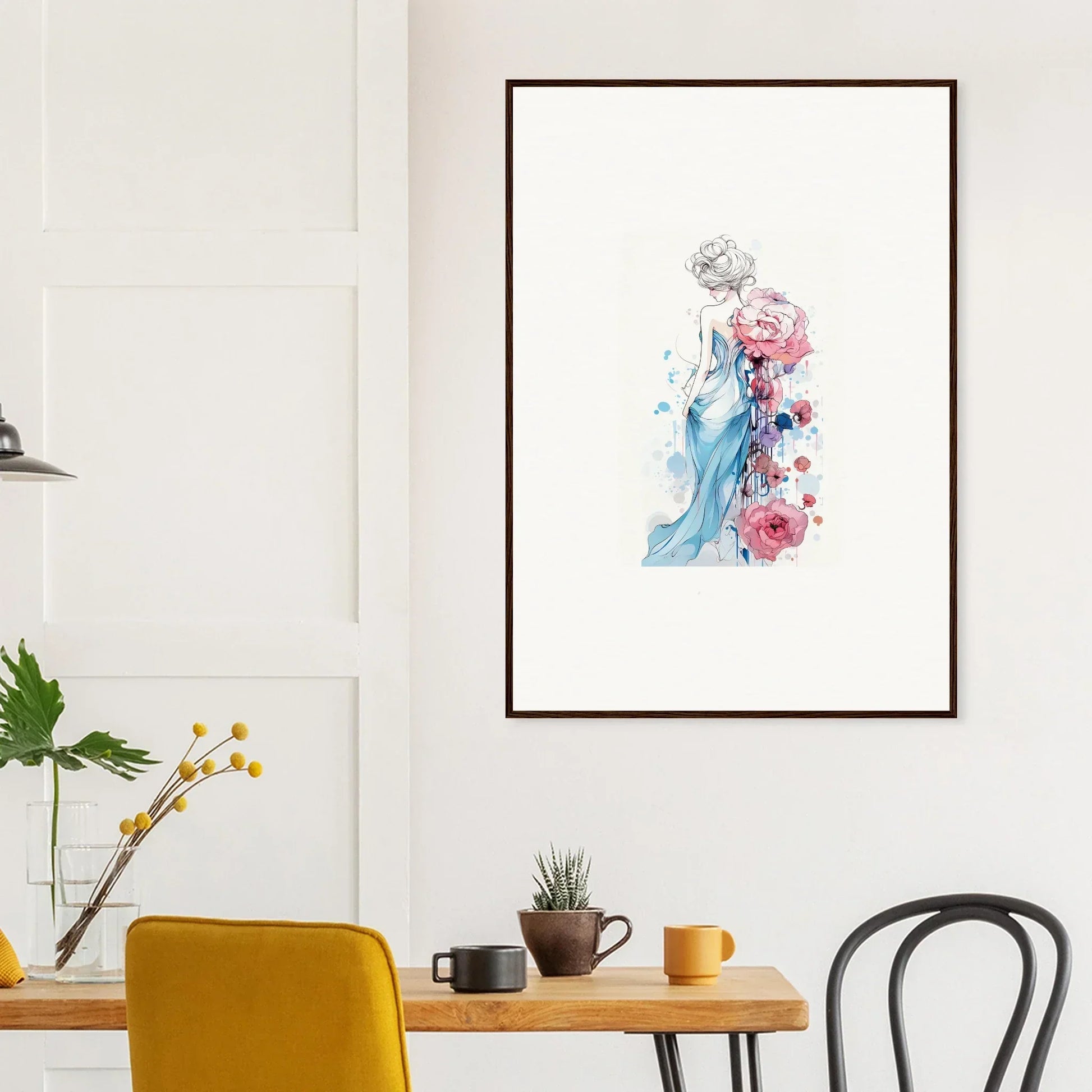 Framed watercolor of a figure in blue with pink flowers, perfect for room decoration