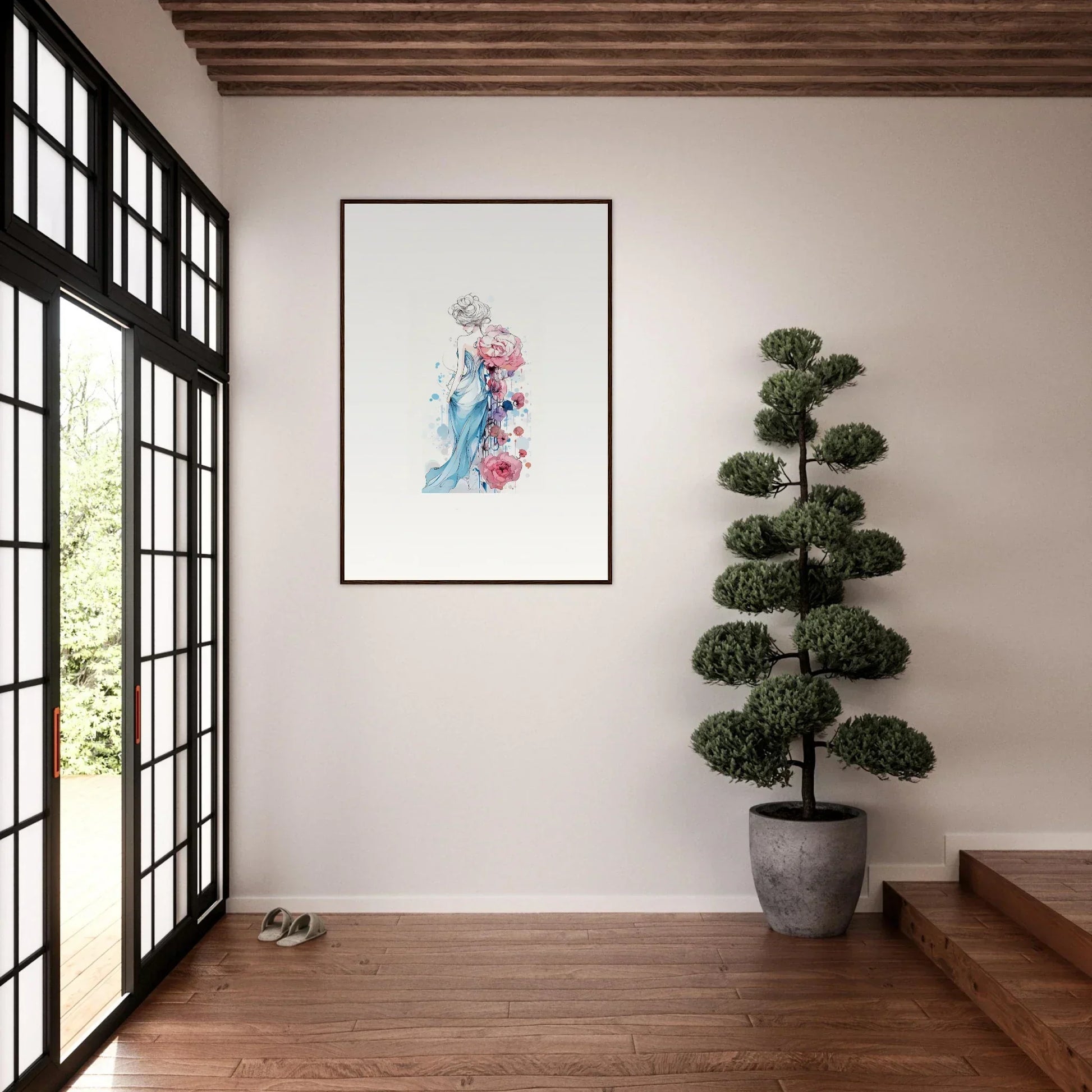 Framed watercolor of a stylish figure for your Pollen Waltz room decoration