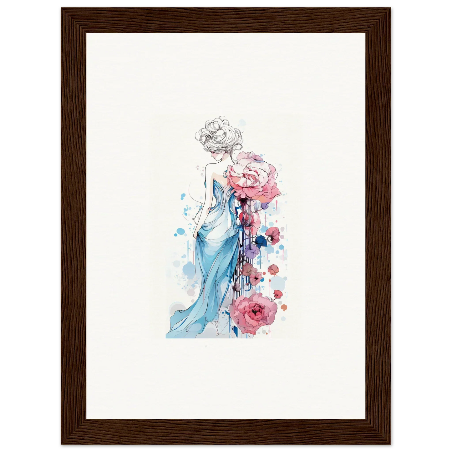 Watercolor of a woman in a blue dress with pink roses, perfect for a Pollen Waltz canvas print