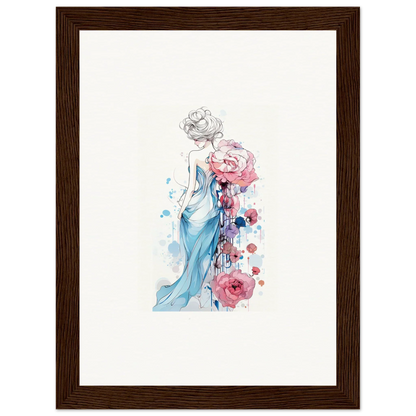 Watercolor of a woman in a blue dress with pink roses, perfect for a Pollen Waltz canvas print