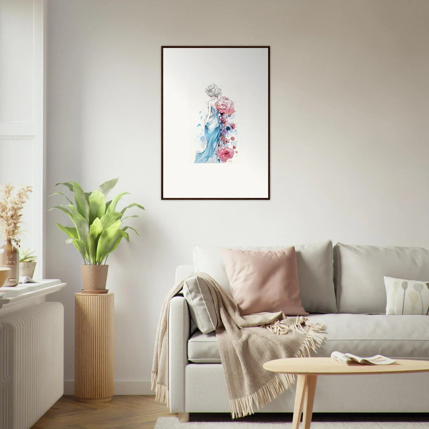 Framed watercolor painting of a figure in blue and pink for room decoration, perfect pollen waltz canvas print