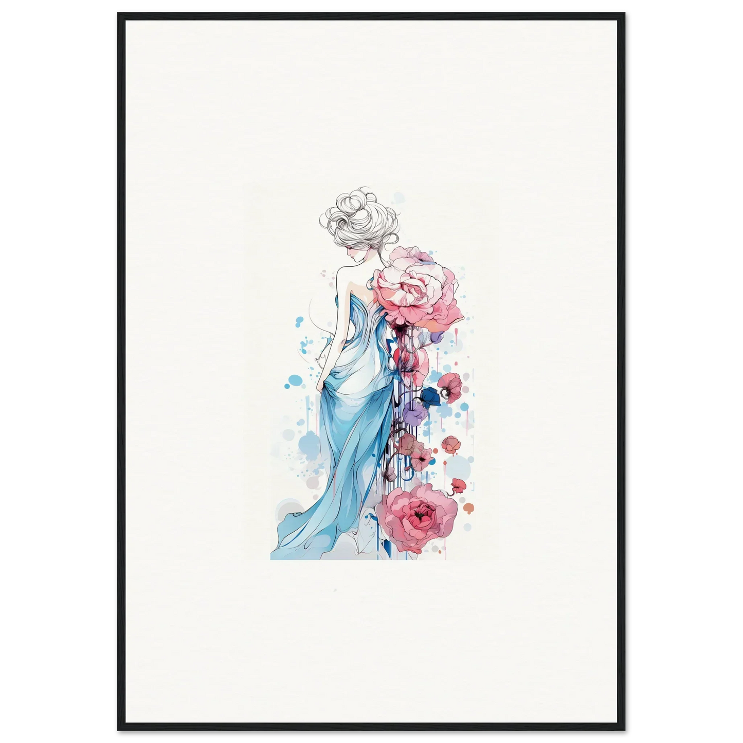 Watercolor illustration of a woman in a blue dress with pink roses for pollen waltz canvas print