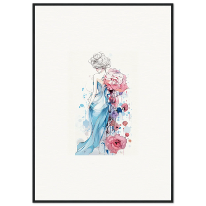 Watercolor illustration of a woman in a blue dress with pink roses for pollen waltz canvas print