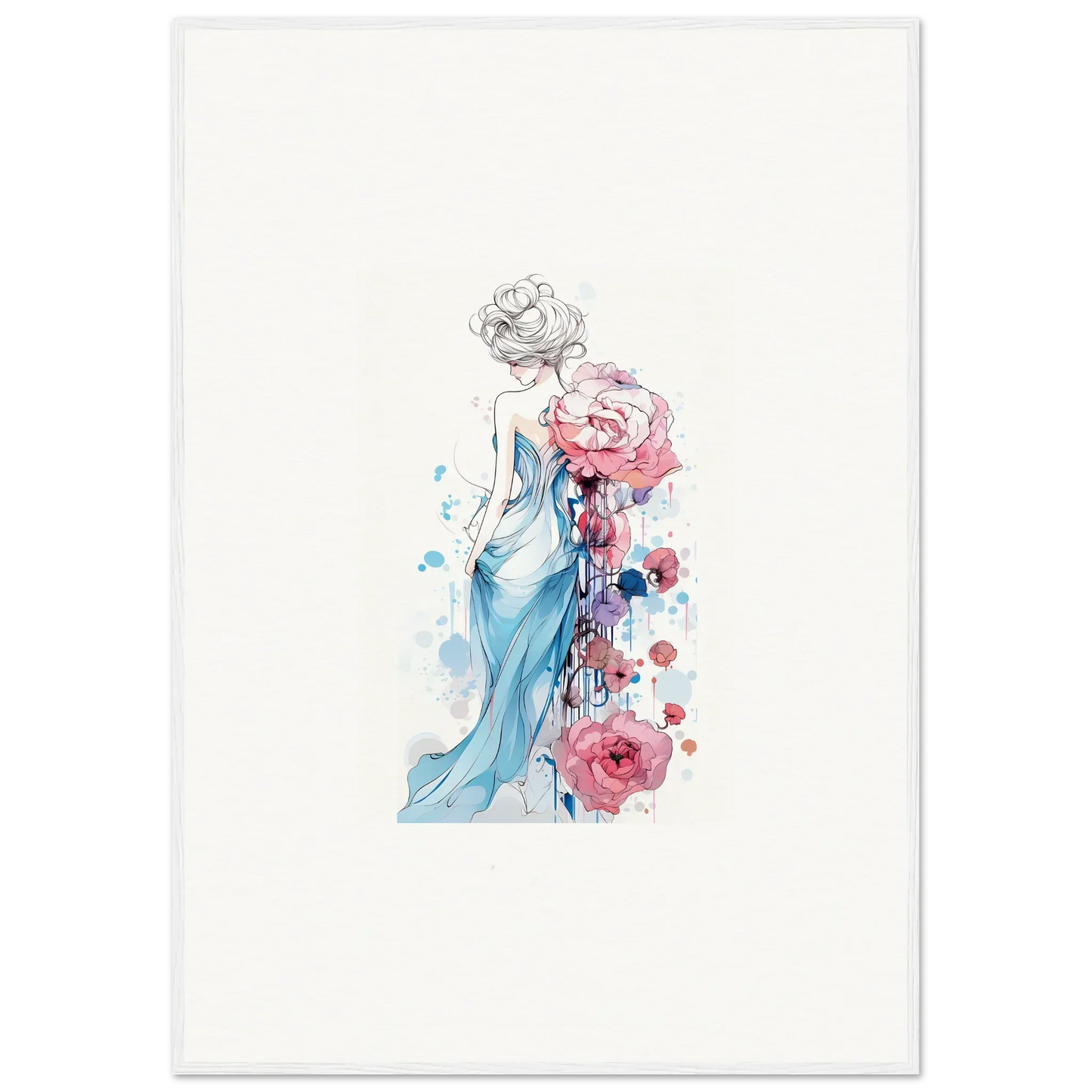 Watercolor of a woman in blue dress with pink roses for a lovely Pollen Waltz canvas print