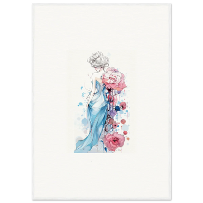 Watercolor of a woman in blue dress with pink roses for a lovely Pollen Waltz canvas print