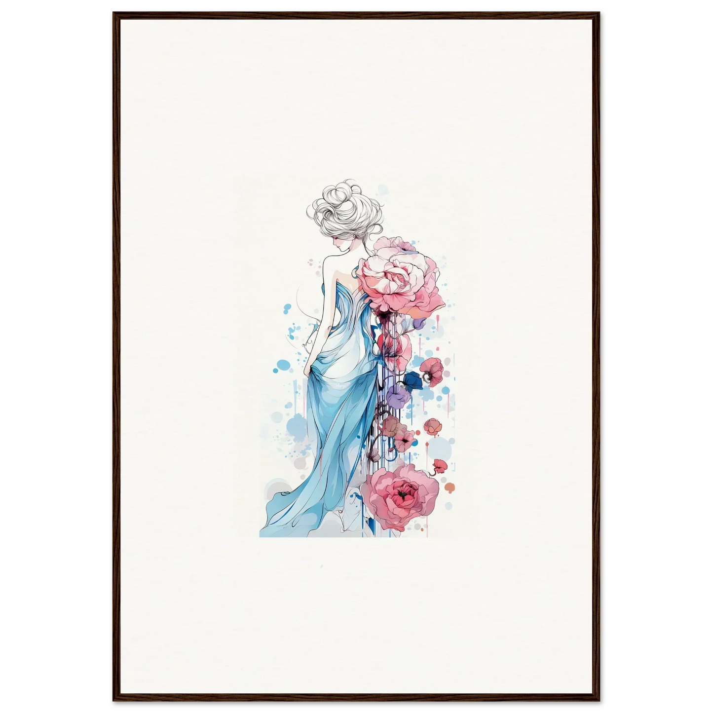 Watercolor illustration of a woman in a blue dress for a pollen waltz canvas print