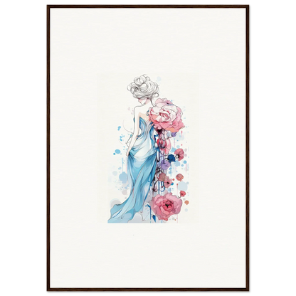 Watercolor illustration of a woman in a blue dress for a pollen waltz canvas print