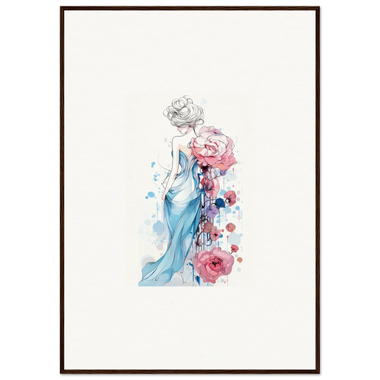 Watercolor illustration of a woman in a blue dress for a pollen waltz canvas print