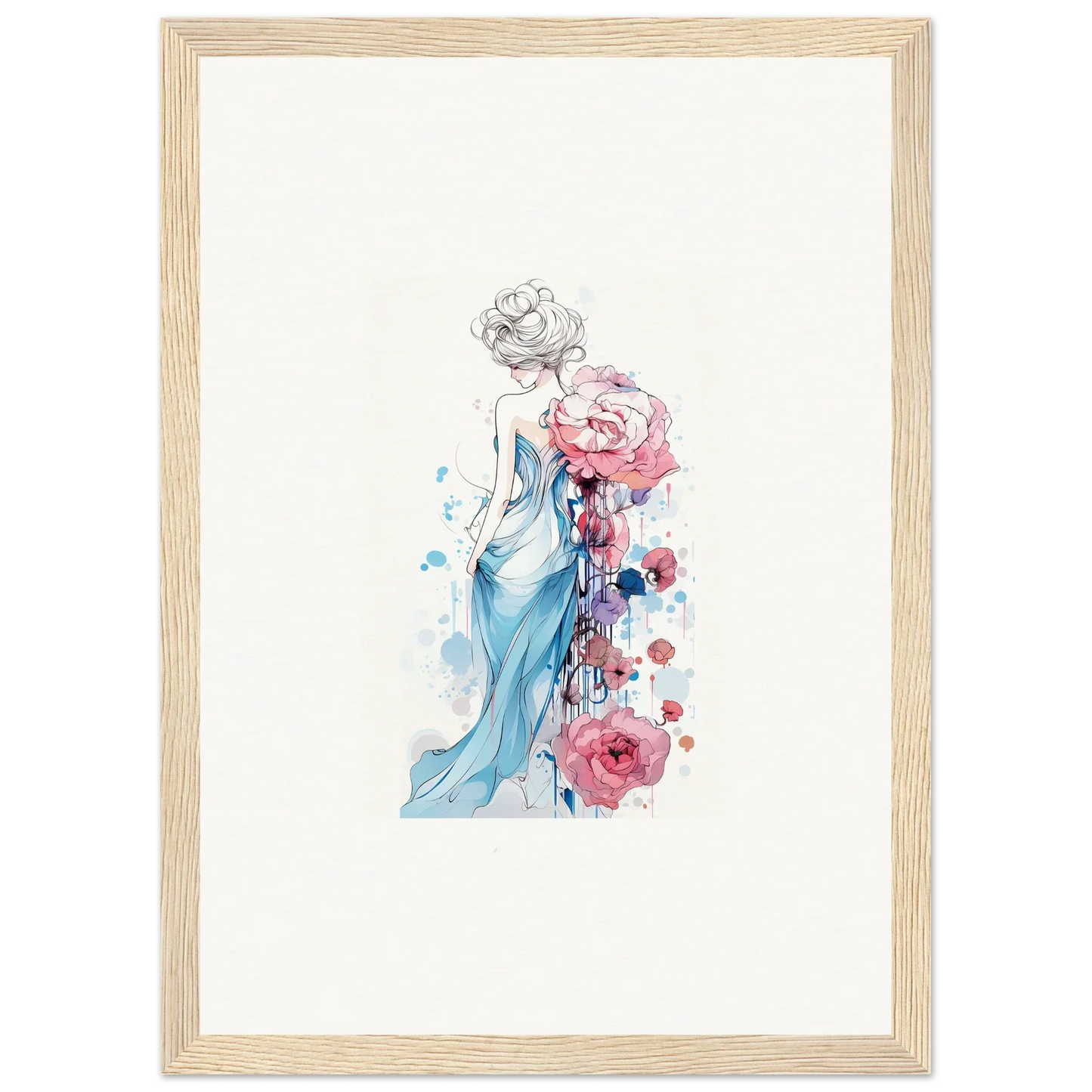 Watercolor canvas print of a woman in a blue dress with pink roses, perfect for room decoration