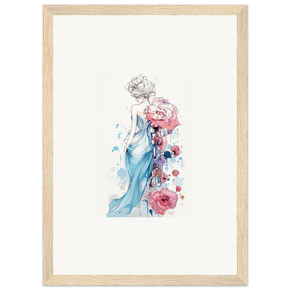 Watercolor canvas print of a woman in a blue dress with pink roses, perfect for room decoration