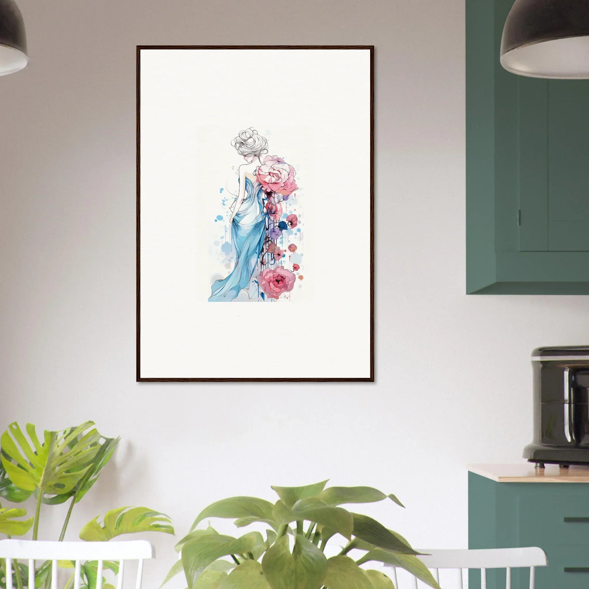 Framed watercolor canvas print of a feminine figure in a soft pollen waltz design