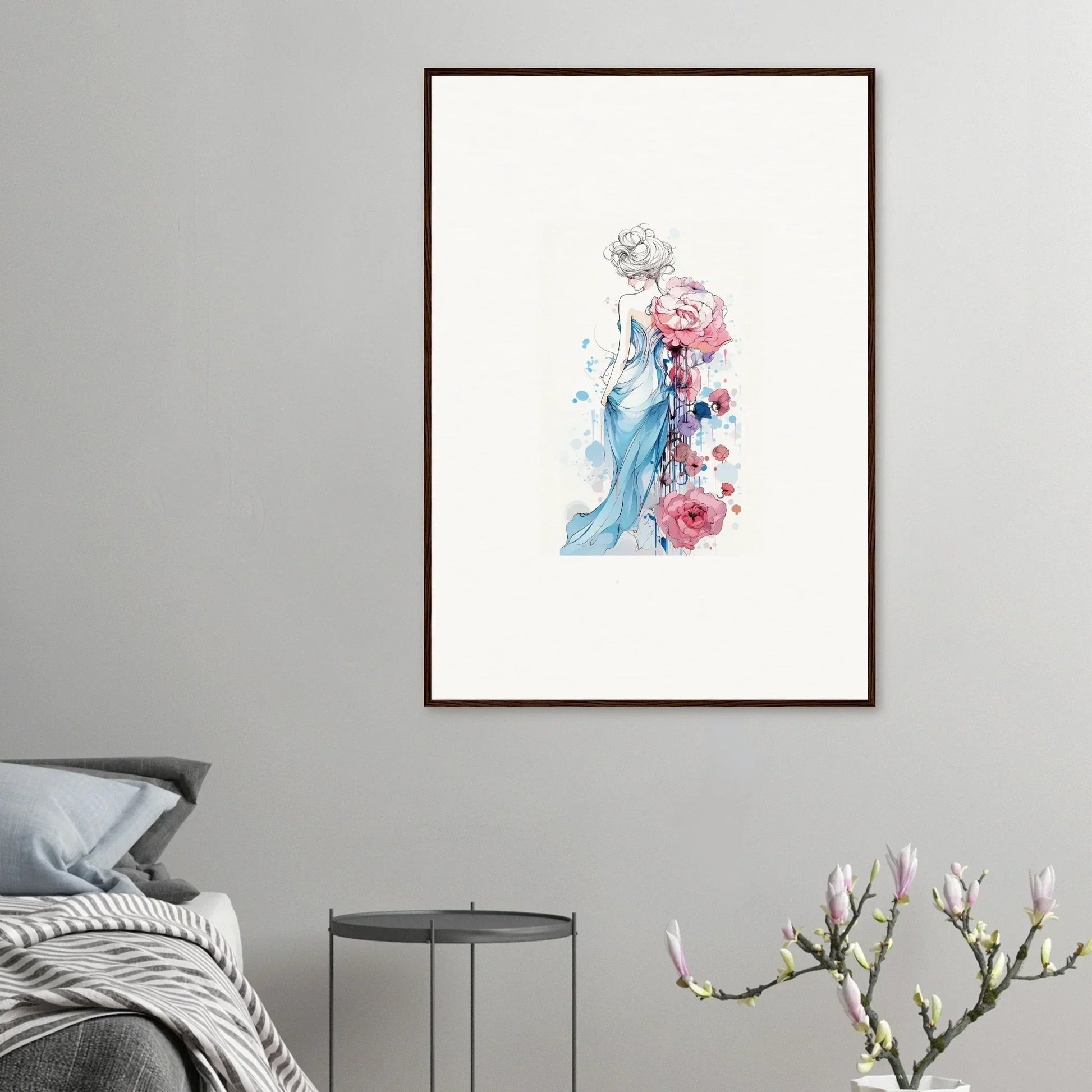 Framed watercolor of a figure in a blue dress, perfect for room decoration, Pollen Waltz