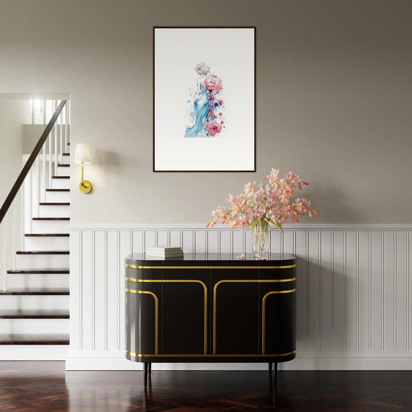 Elegant black sideboard with gold trim for stylish room decoration, inspired by Pollen Waltz