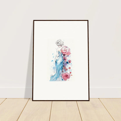 Framed watercolor painting of a figure in a blue dress, perfect for pollen waltz room decoration