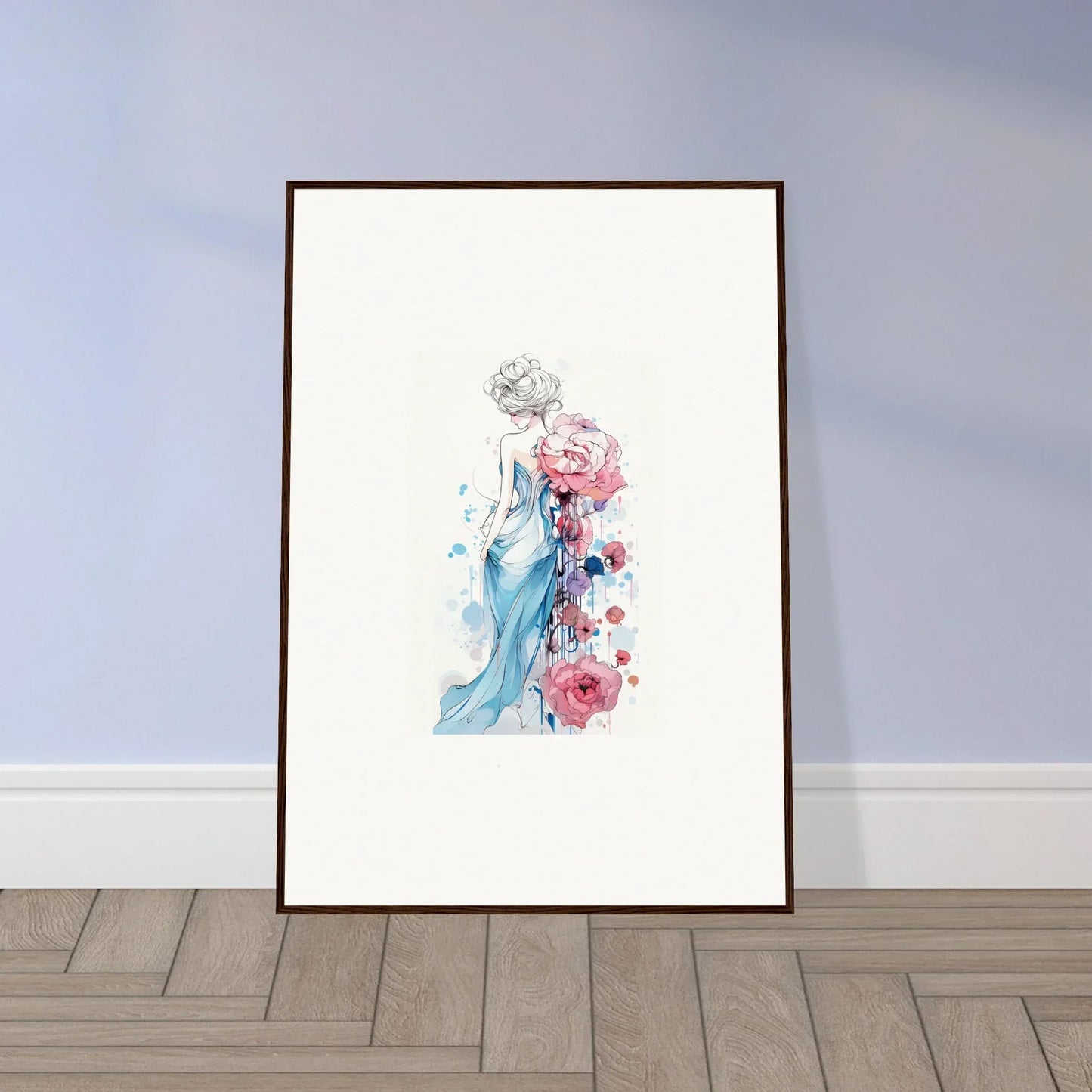 Framed watercolor of a feminine figure with flowers, perfect for a Pollen Waltz room decoration