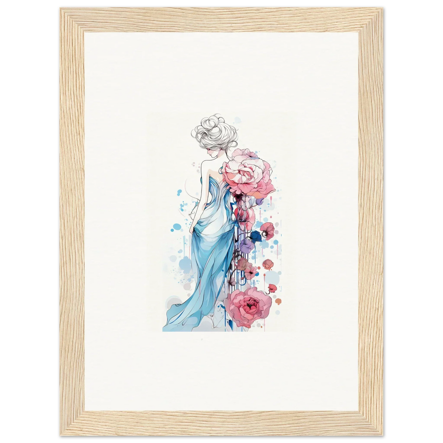 Watercolor of a woman in a blue dress with pink roses for a Pollen Waltz canvas print