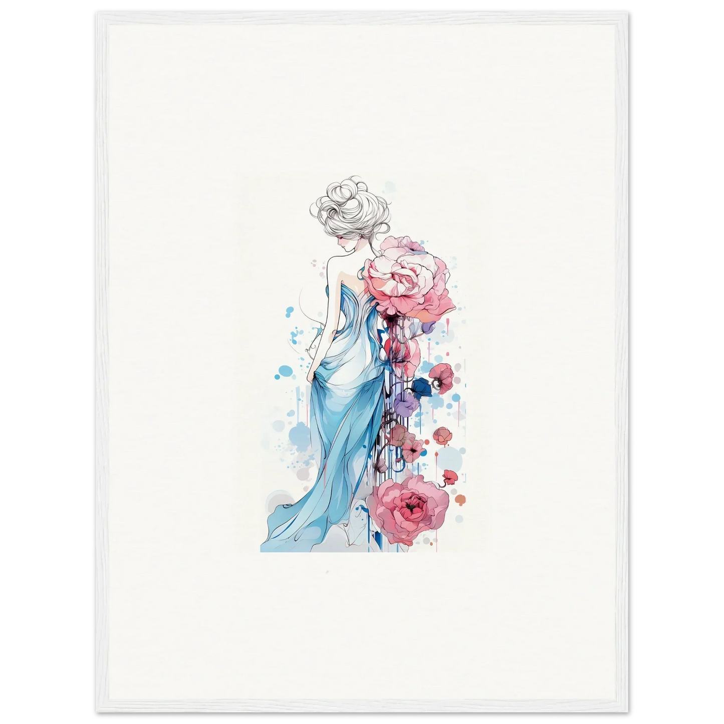 Watercolor illustration of a woman in a blue dress for a pollen waltz canvas print