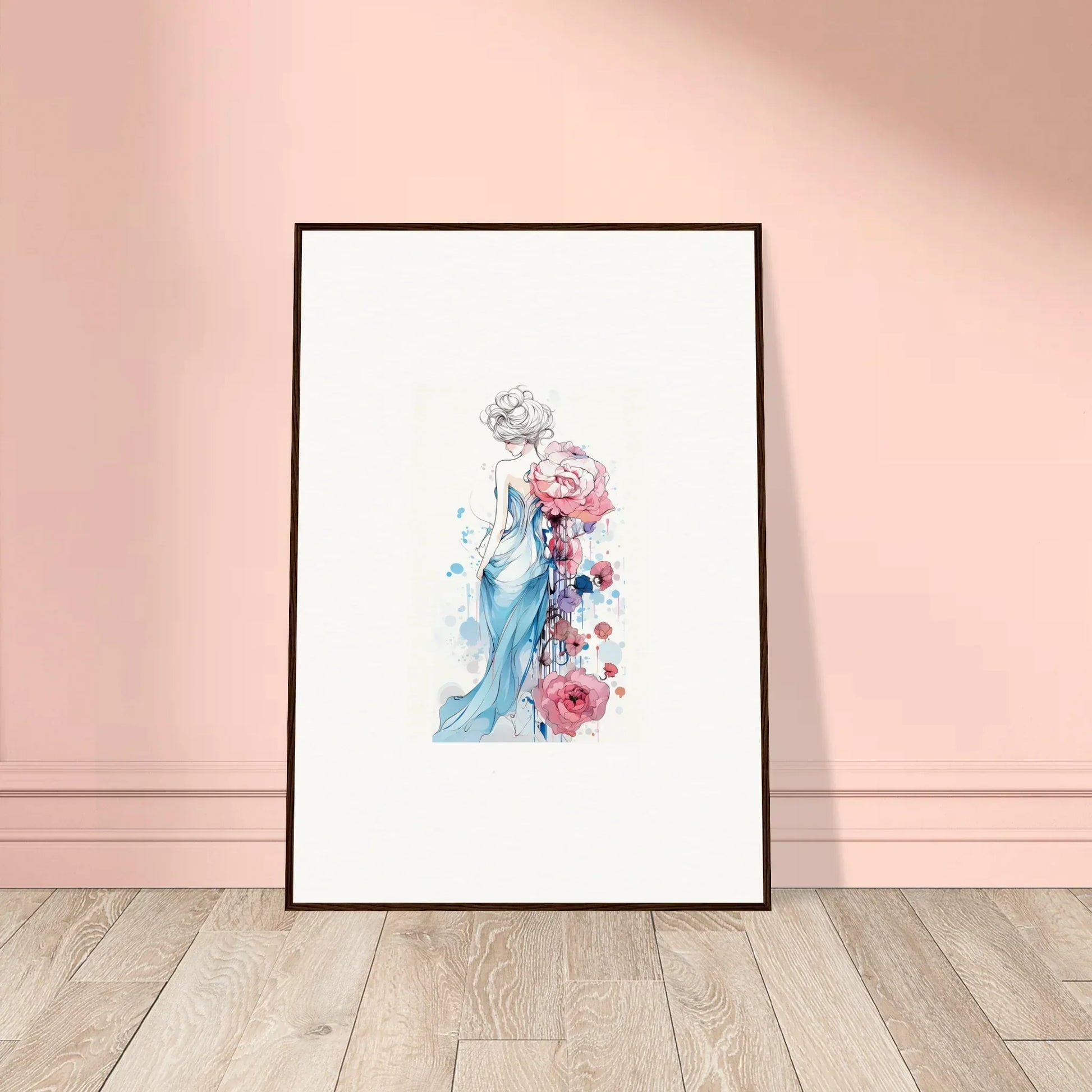 Framed watercolor figure in blue with pink florals for your pollen waltz room decoration