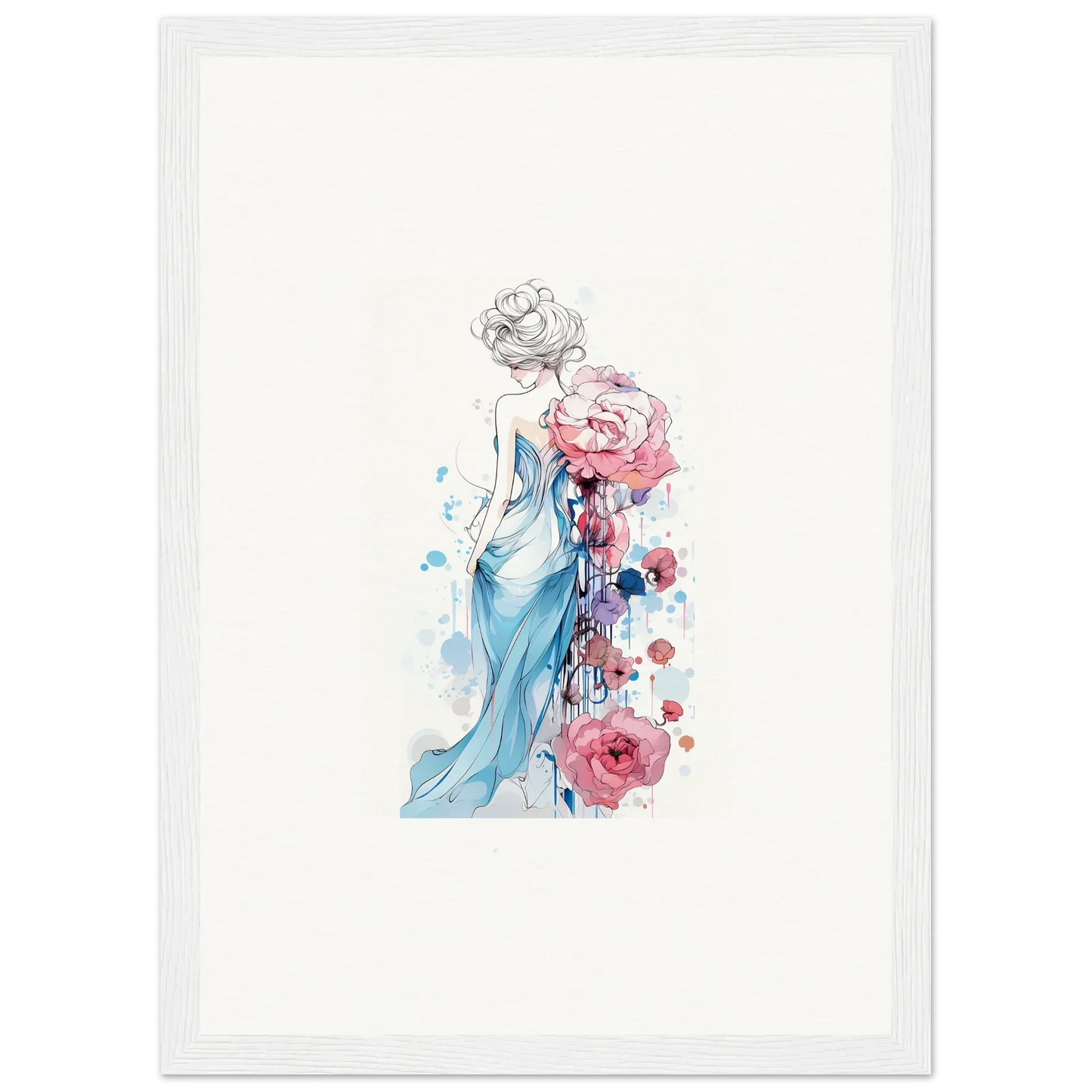 Watercolor canvas print of a woman in a blue dress with pink roses for room decoration