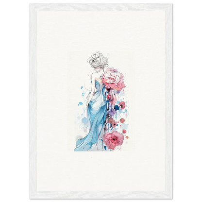 Watercolor canvas print of a woman in a blue dress with pink roses for room decoration