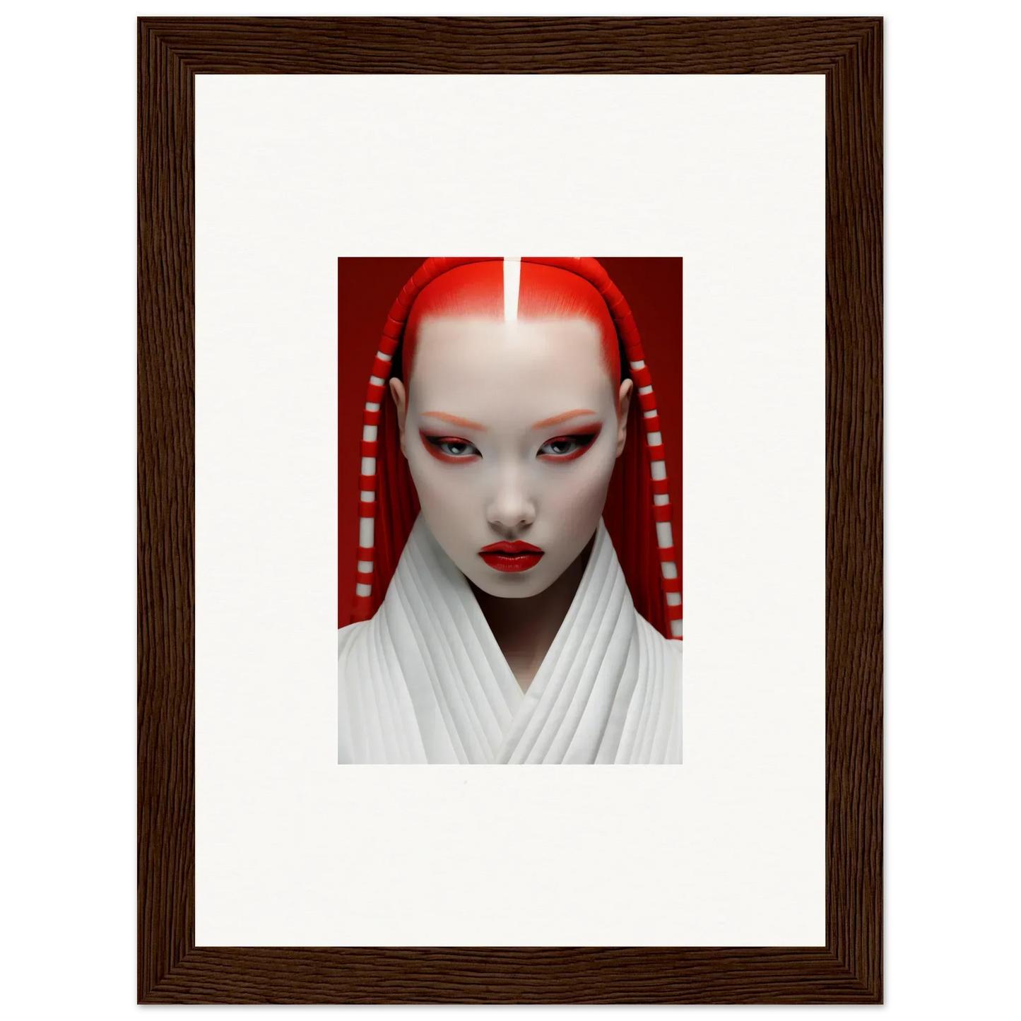 Portrait of a person in geisha-inspired white and red makeup on Pome Artcard Whisper