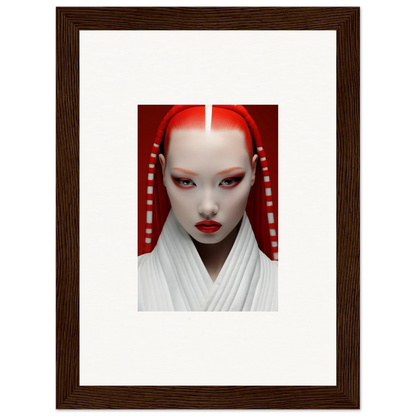 Portrait of a person in geisha-inspired white and red makeup on Pome Artcard Whisper